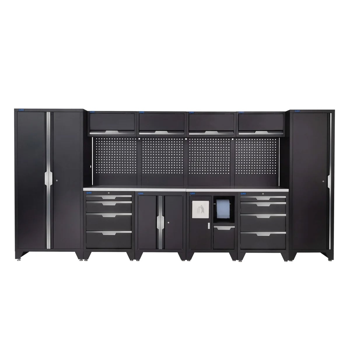 SGS 14pc Garage Storage System | 8 Drawers | Stainless Steel Worktop | Floor Cabinet | Tall Single & Double Cabinets | Bin Unit